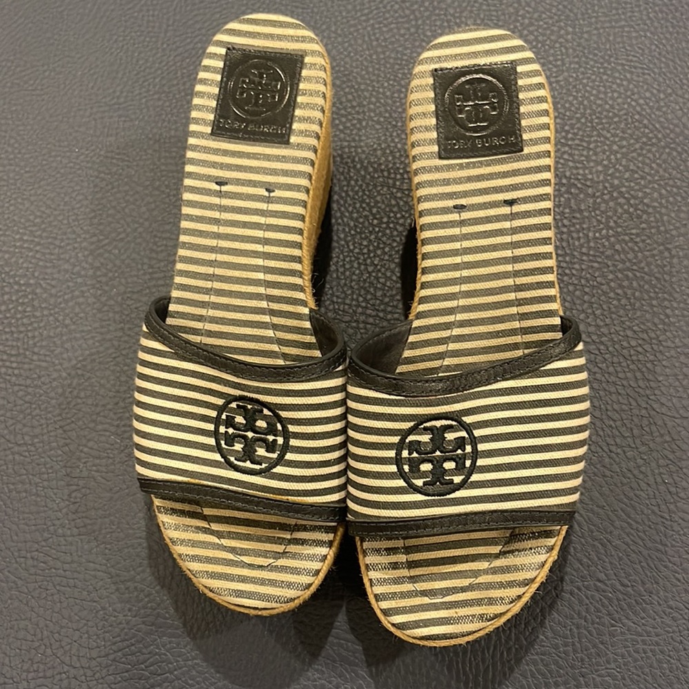 Tory Burch Navy and Ivory Striped Canvas Logo slide Rope Wedges Size 8 - Picture 4 of 8